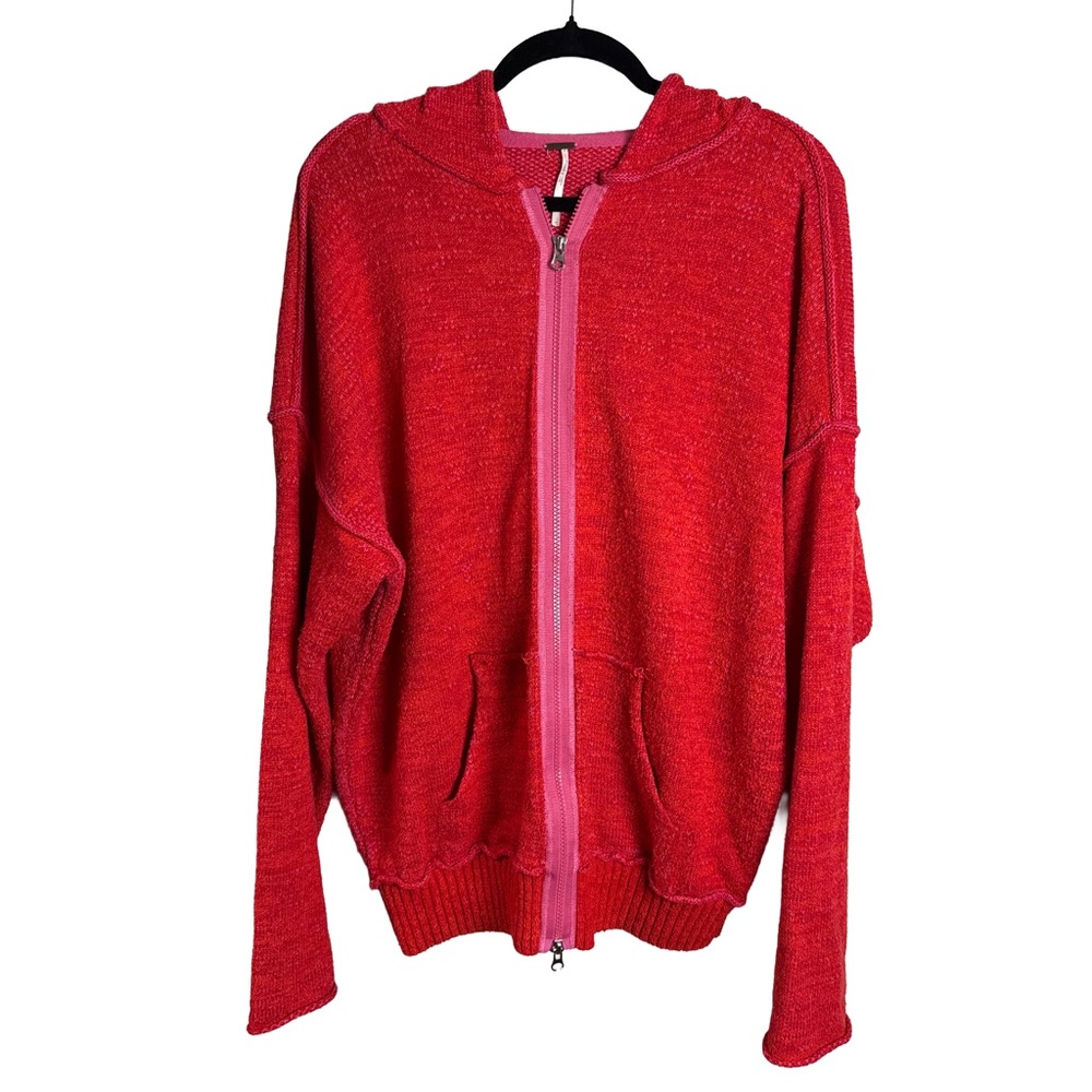 Free People Knit Zip Up Hoodie Red Pink Marled Size Medium - Picture 4 of 9